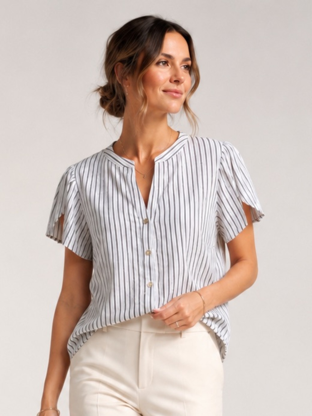 NWT Badgley Mischka Striped Embellished Button-Front Blouse